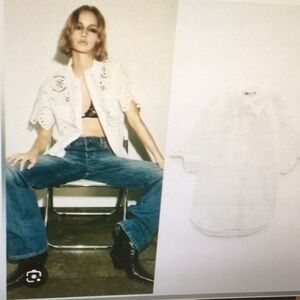 ZARA/WHITE-CUT OUT EYELET SCALLOPED SLEEVE SHIRT/NEW